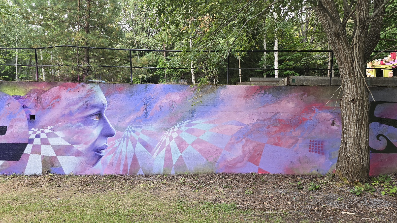 En färgstark muralmålning täcker en låg betongmur under träd. Motivet visar ett stort blårosa ansikte i profil, geometriska schackliknande mönster i rosa, lila och vitt. En svart metallräcke löper ovanför muren.