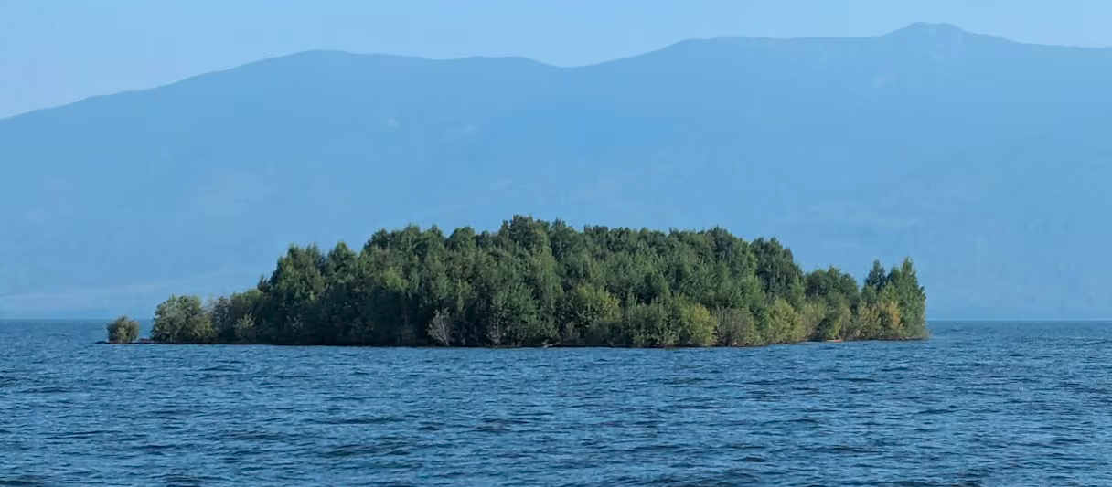 En liten, skogbevuxen ö flyter ovanpå en blå sjö, med blå berg i bakgrunden under en klar himmel.